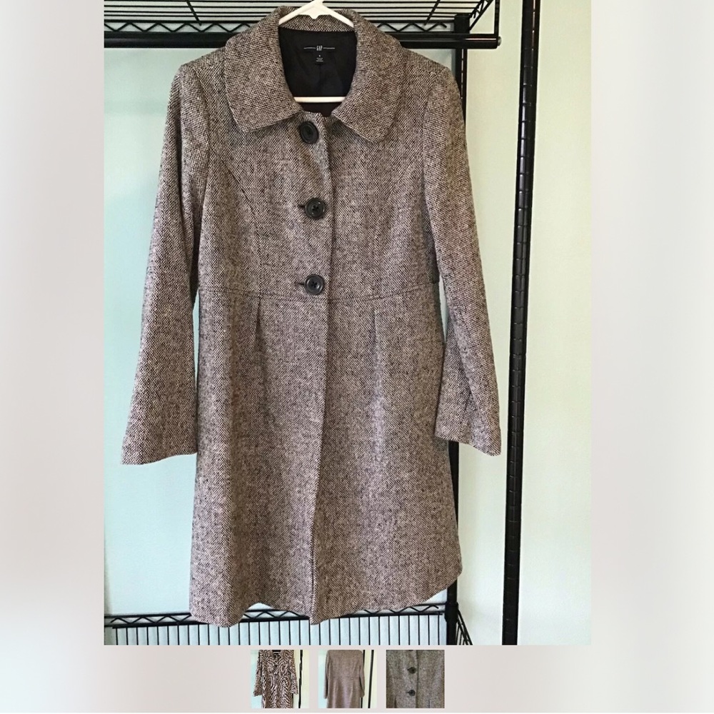 Gray Tweed Coat, Womens Small Peter Pan Collar,3 Buttons, Side Pockets, The Gap